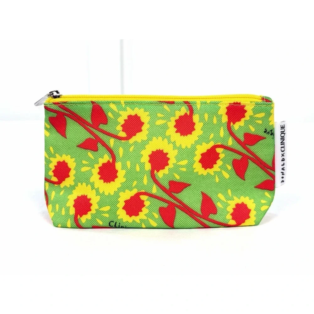 Clinique x Donald Robertson Sunflower Makeup Bag Green Yellow Red Zip Pouch New